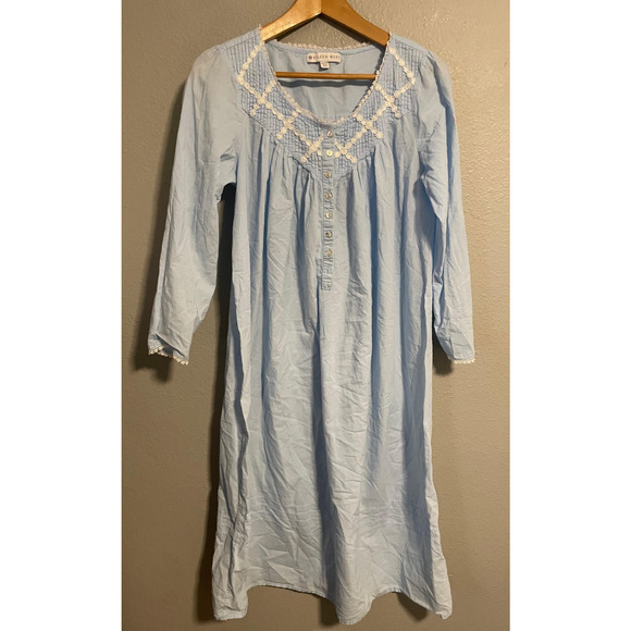 Eileen West Nightgown Womens XS Blue Lace Trim Button Front Long Sleeve Y2K FLAW - Picture 1 of 9